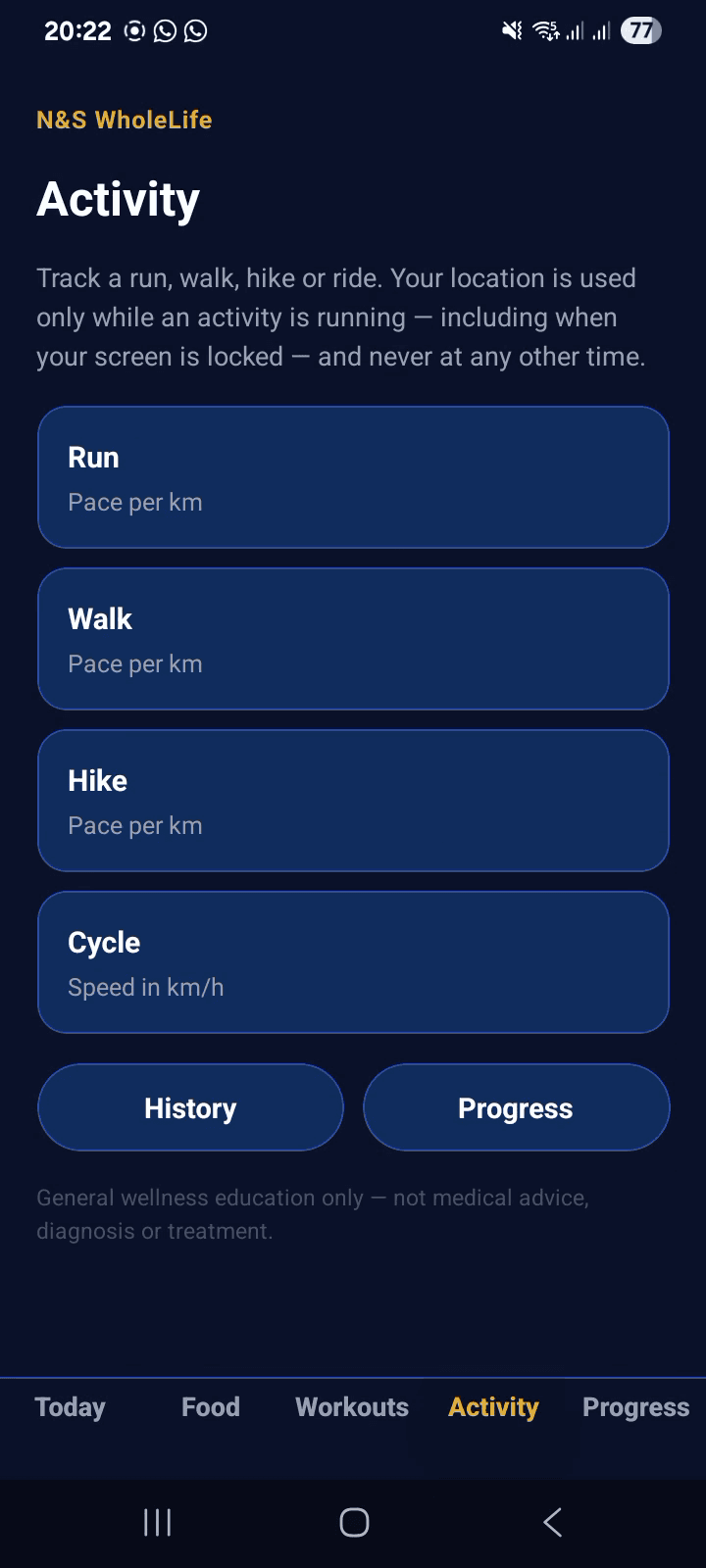 An activity session screen of the N&S WholeLife app