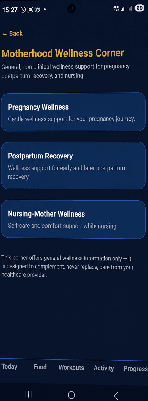 The Motherhood screen of the N&S WholeLife app