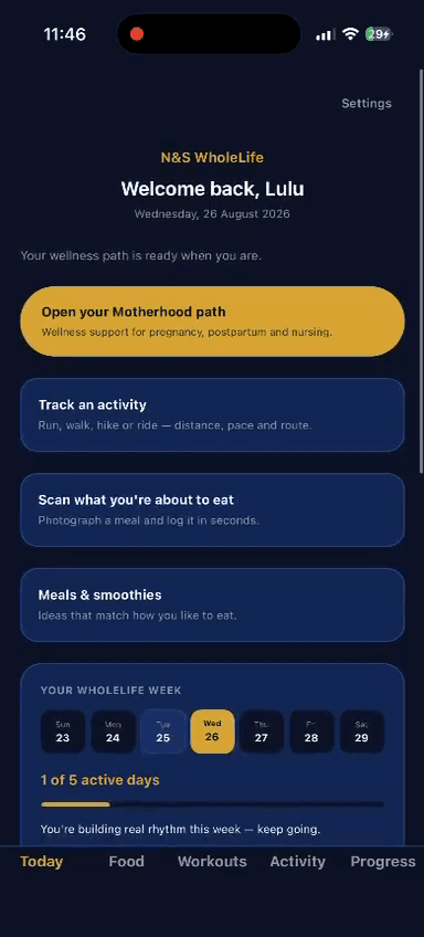 The Today screen of the N&S WholeLife app